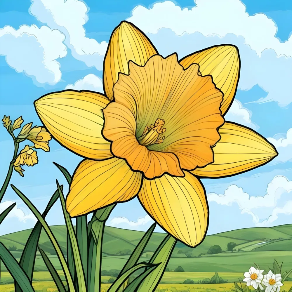 A Vibrant Yellow Daffodil With A Detailed Center Surrounded By Green Leaves Set Against A Backdrop Of Rolling Green Hills And A Blue Sky With Fluffy White Clouds 7 7b09