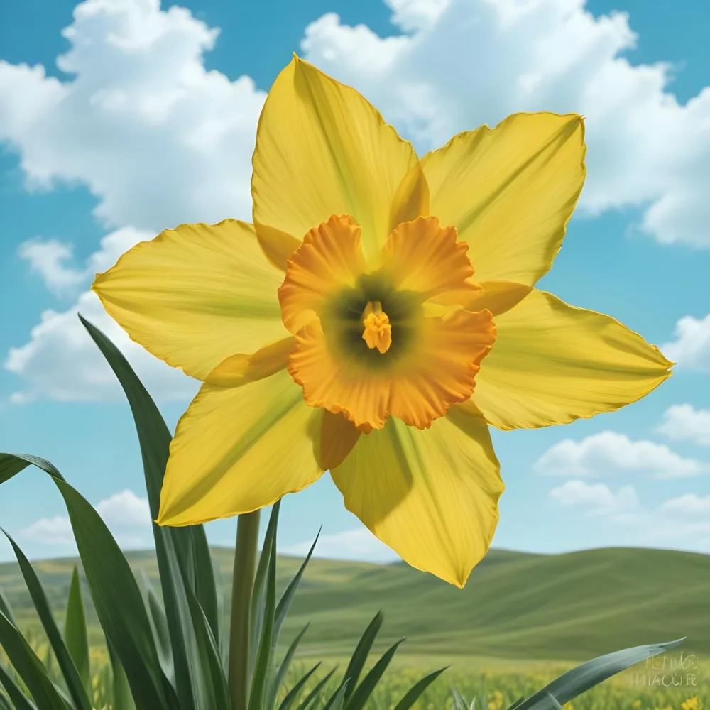 A Vibrant Yellow Daffodil With A Detailed Center Surrounded By Green Leaves Set Against A Backdrop Of Rolling Green Hills And A Blue Sky With Fluffy White Clouds 8 9d80