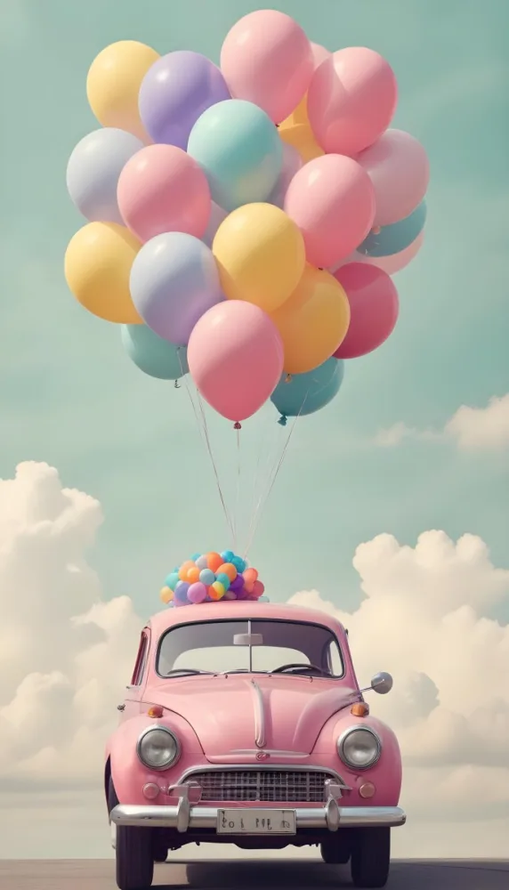 A Vintage Car With A Bunch Of Colorful Balloons Tied To The Roof Floating Against A Cloudy Sky 13 D7ed