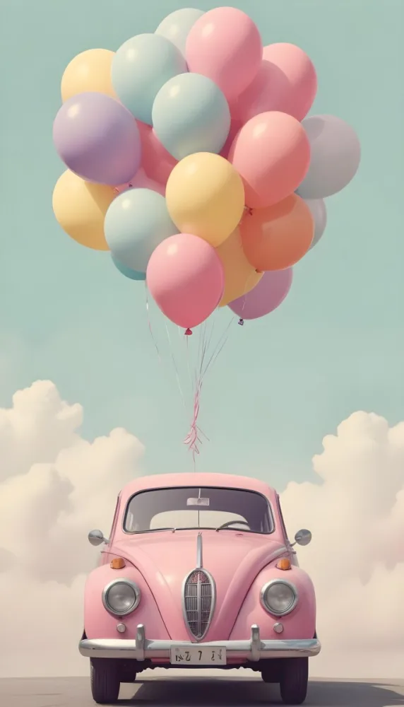 A Vintage Car With A Bunch Of Colorful Balloons Tied To The Roof Floating Against A Cloudy Sky 14 2130