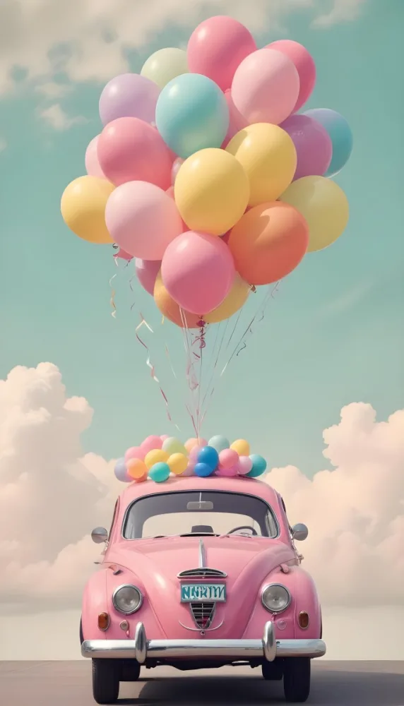 A Vintage Car With A Bunch Of Colorful Balloons Tied To The Roof Floating Against A Cloudy Sky 16 Ab20