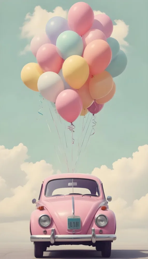A Vintage Car With A Bunch Of Colorful Balloons Tied To The Roof Floating Against A Cloudy Sky 18 41e8