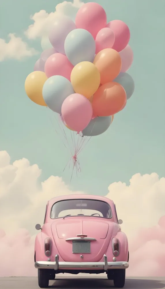 A Vintage Car With A Bunch Of Colorful Balloons Tied To The Roof Floating Against A Cloudy Sky 19 826b
