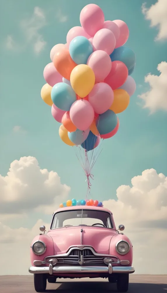 A Vintage Car With A Bunch Of Colorful Balloons Tied To The Roof Floating Against A Cloudy Sky 2 C762