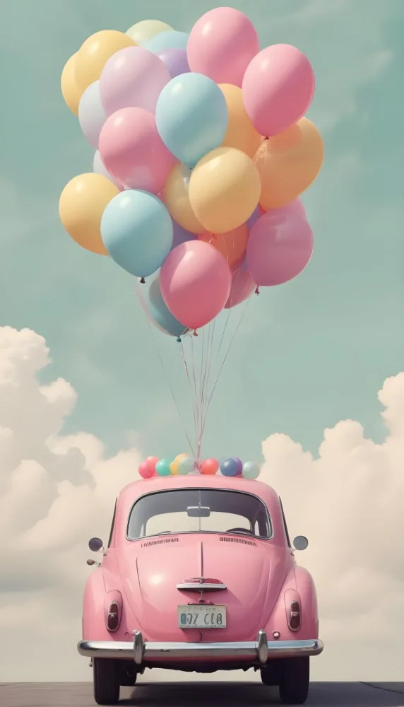A Vintage Car With A Bunch Of Colorful Balloons Tied To The Roof Floating Against A Cloudy Sky 3 5d03