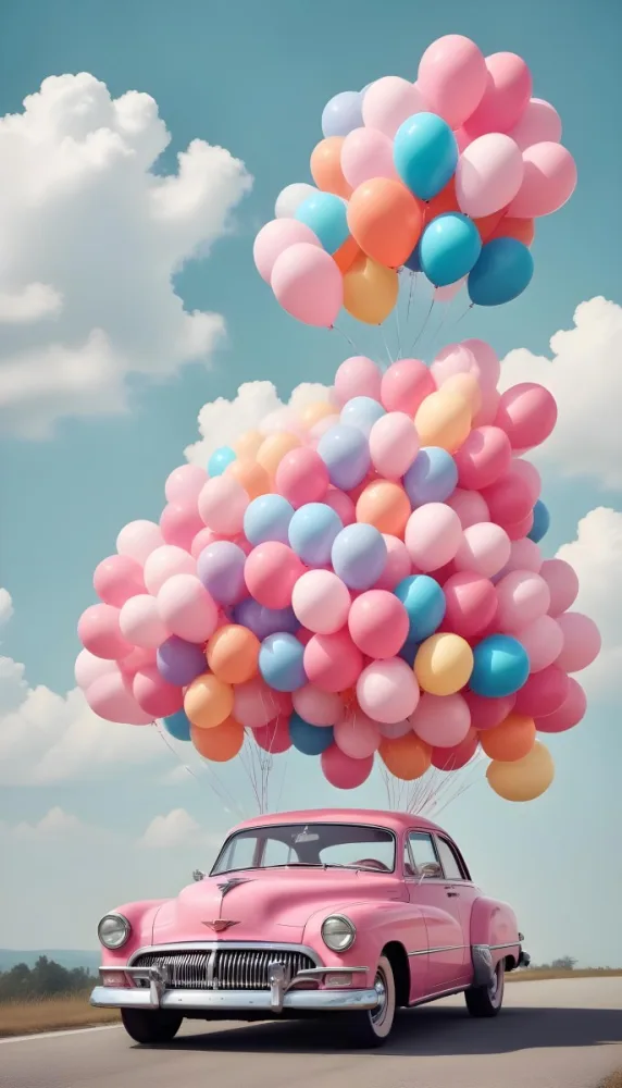 A Vintage Car With A Bunch Of Colorful Balloons Tied To The Roof Floating Against A Cloudy Sky 4 8d53