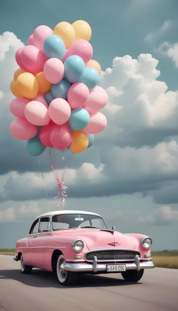 A Vintage Car With A Bunch Of Colorful Balloons Tied To The Roof Floating Against A Cloudy Sky 6 6996