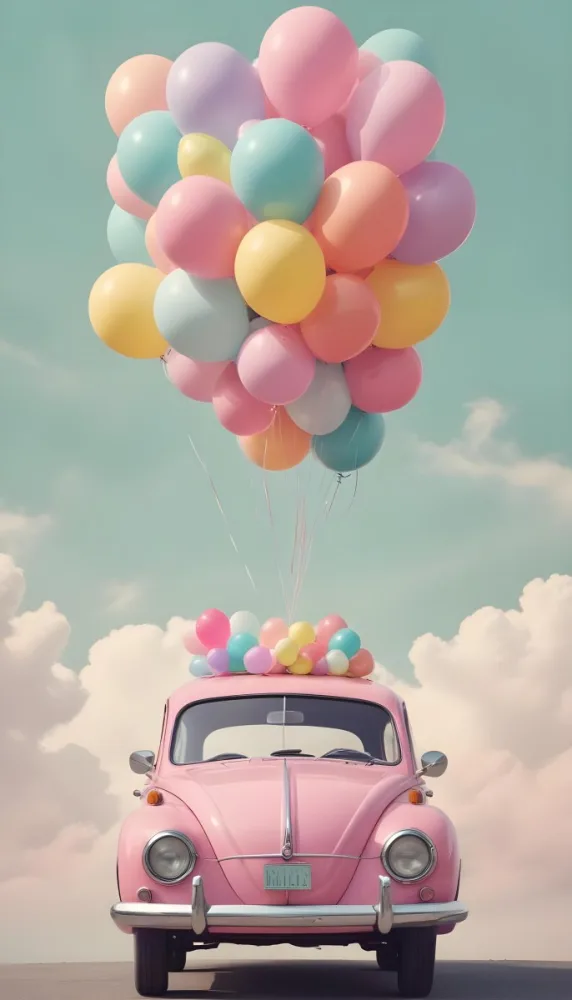 A Vintage Car With A Bunch Of Colorful Balloons Tied To The Roof Floating Against A Cloudy Sky 7 C8e7