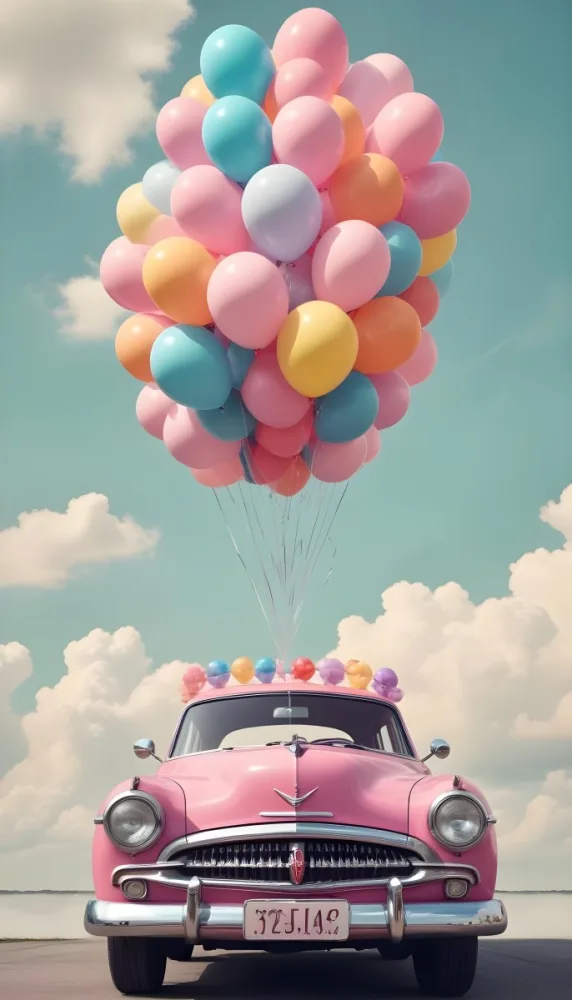 A Vintage Car With A Bunch Of Colorful Balloons Tied To The Roof Floating Against A Cloudy Sky 8 6613