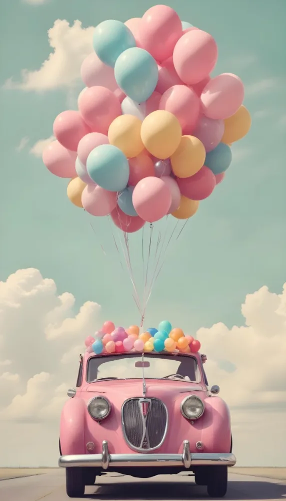 A Vintage Car With A Bunch Of Colorful Balloons Tied To The Roof Floating Against A Cloudy Sky 9 4125