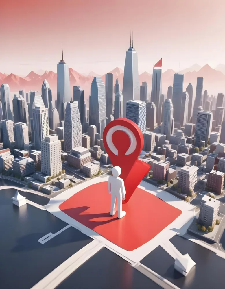 A White 3d Character Standing Next To A Large Red Map Pin Icon Suggesting A Navigation Concept In Daylight With A Cityscape 5 F5af