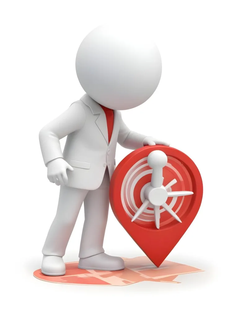 A White 3d Character Standing Next To A Large Red Map Pin Icon Suggesting A Navigation Concept In Daylight With A Cityscape 6 5da1