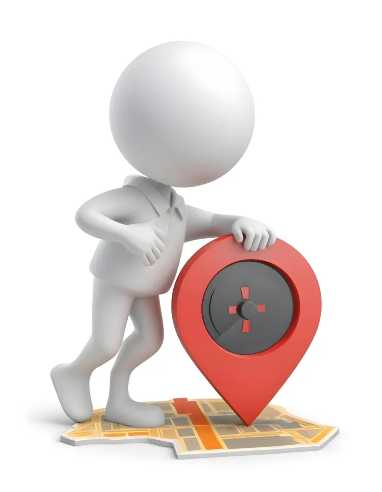 A White 3d Character Standing Next To A Large Red Map Pin Icon Suggesting A Navigation Concept In Daylight With A Cityscape 7 Adee