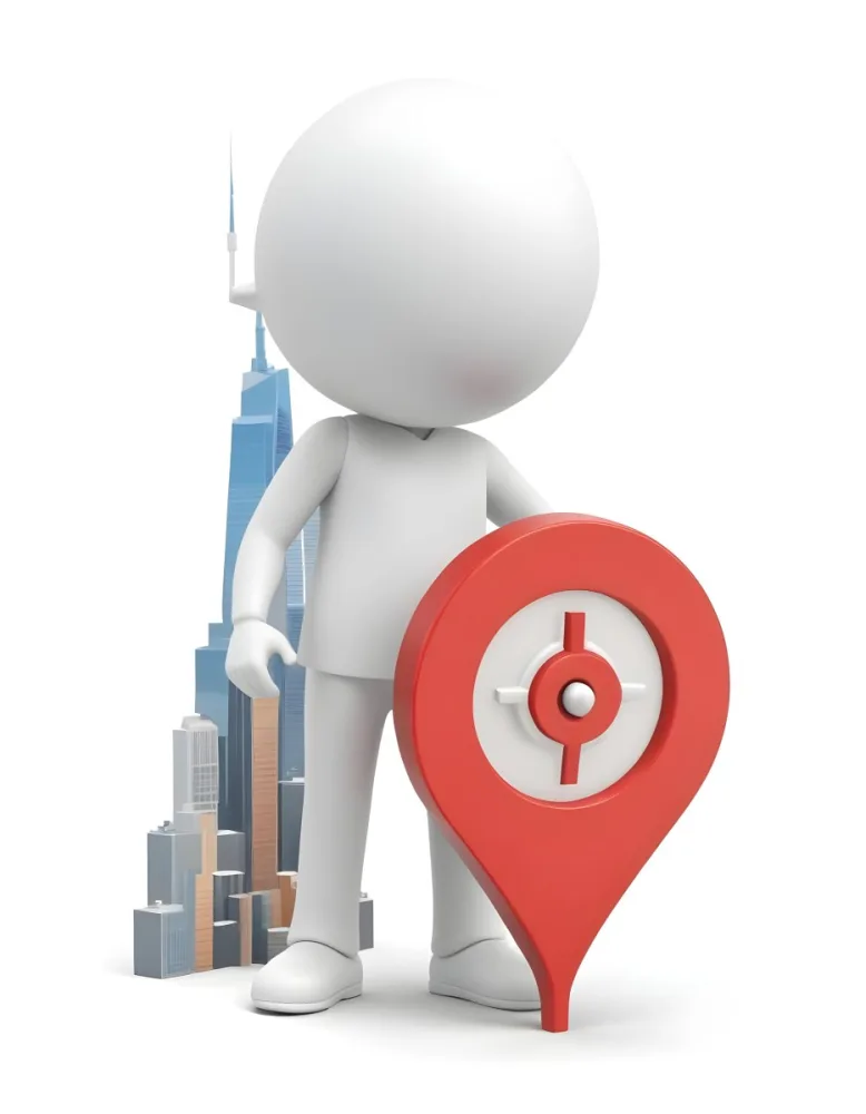 A White 3d Character Standing Next To A Large Red Map Pin Icon Suggesting A Navigation Concept In Daylight With A Cityscape 8 2ffe
