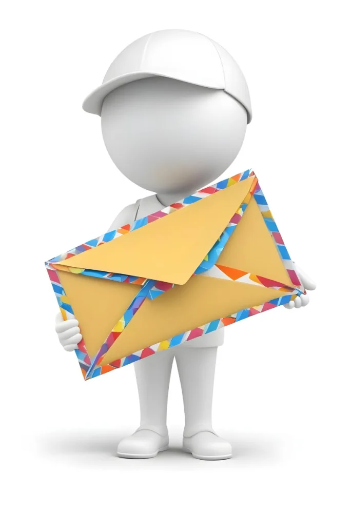 A White 3d Figure Holding An Airmail Envelope With A Colorful Border 13 B0ce