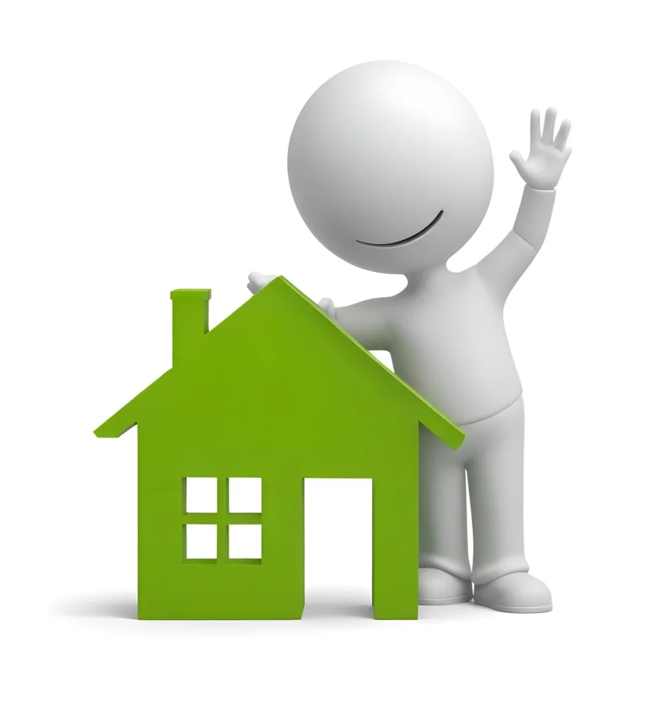A White 3d Figure Waving Next To A Green House Icon Representing Real Estate 2 4119