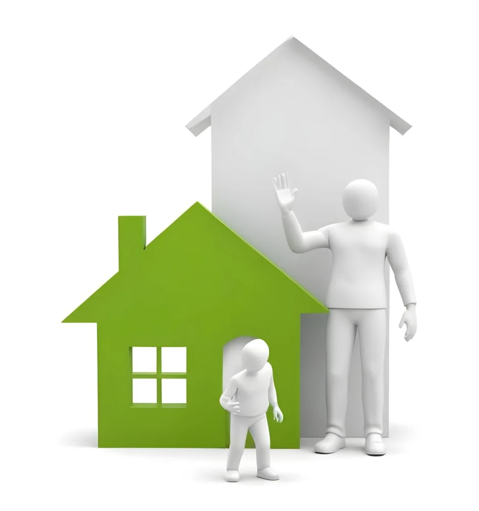 A White 3d Figure Waving Next To A Green House Icon Representing Real Estate 4 Ac80