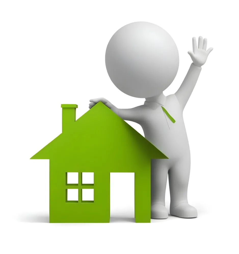 A White 3d Figure Waving Next To A Green House Icon Representing Real Estate 5 9f09