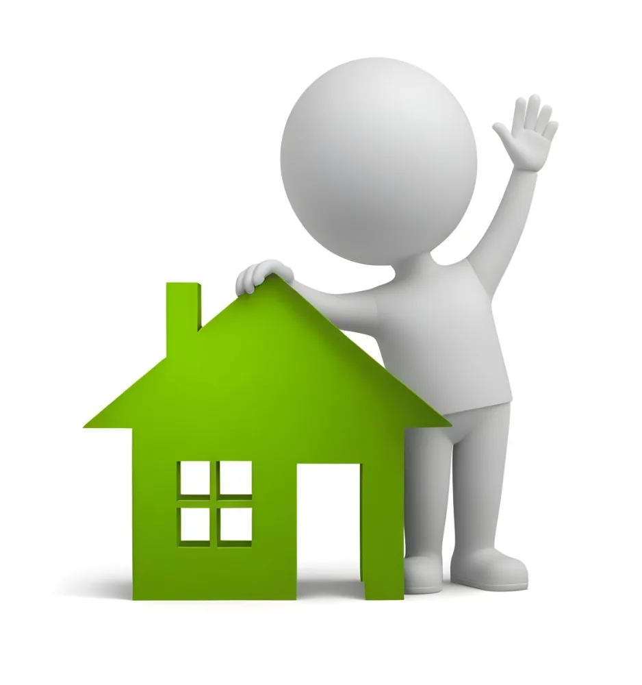 A White 3d Figure Waving Next To A Green House Icon Representing Real Estate 6 882c