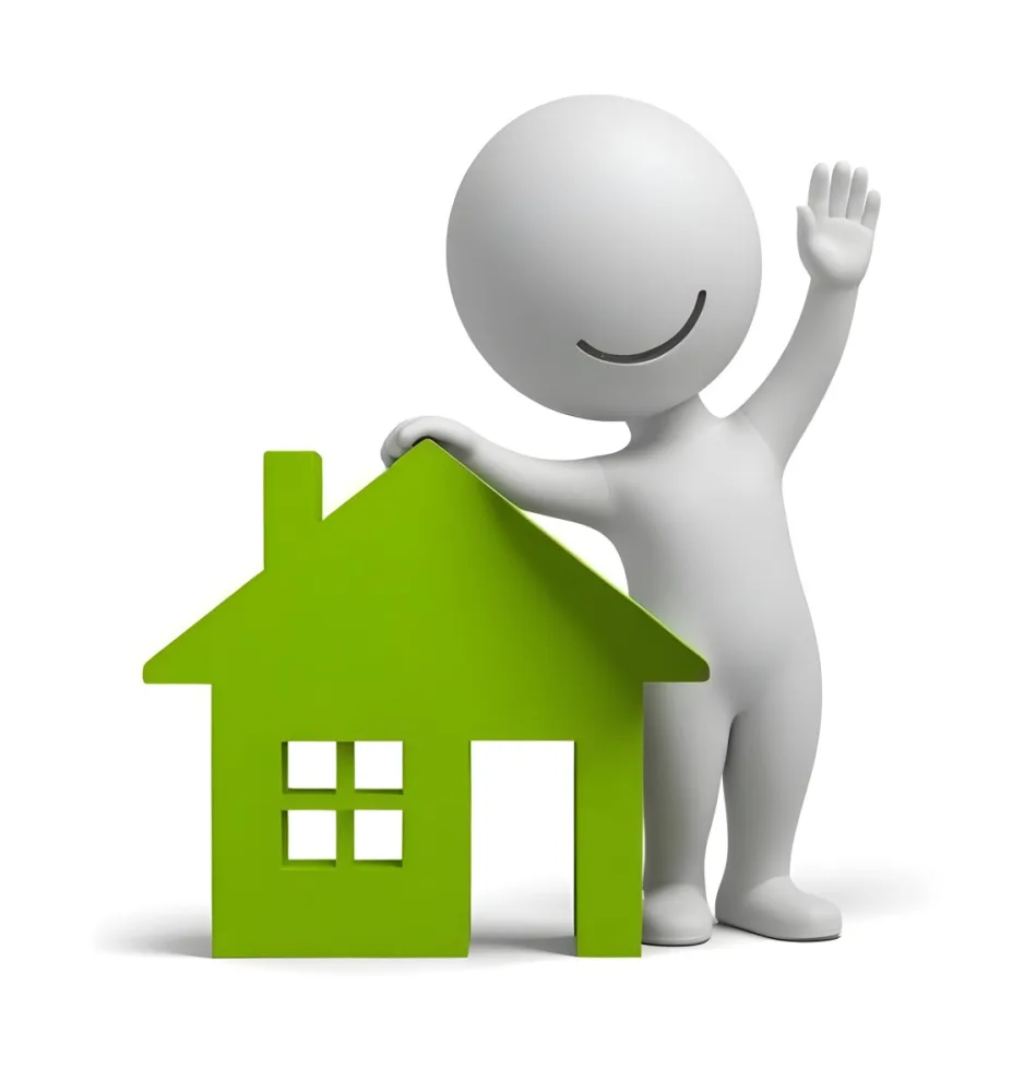 A White 3d Figure Waving Next To A Green House Icon Representing Real Estate 7 B22d