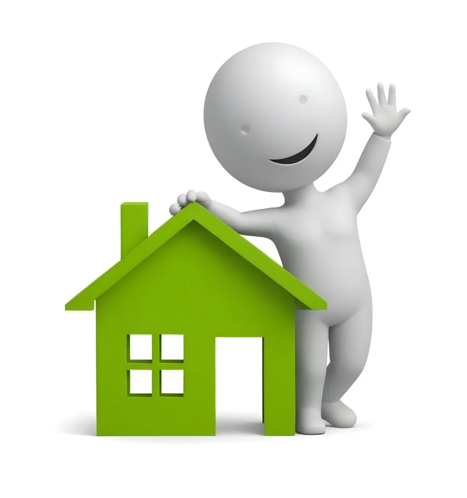 A White 3d Figure Waving Next To A Green House Icon Representing Real Estate 8 3358