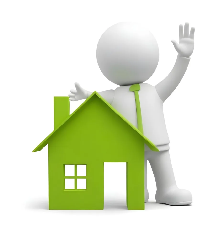 A White 3d Figure Waving Next To A Green House Icon Representing Real Estate 9 7dae