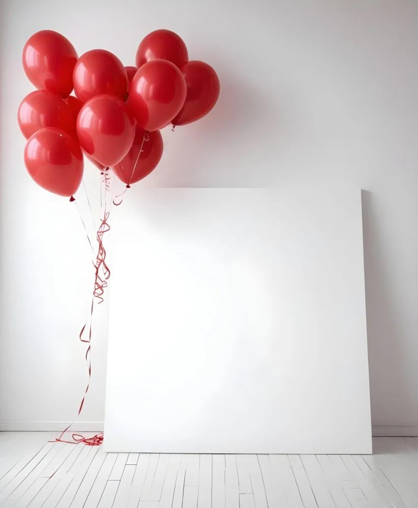 A White Blank Canvas With Red Balloons Floating Above It Against A Plain White Wall Background 1 5ab0