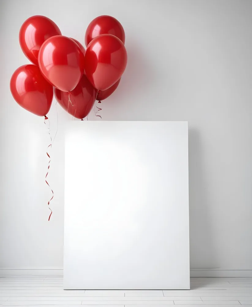 A White Blank Canvas With Red Balloons Floating Above It Against A Plain White Wall Background 3 5244