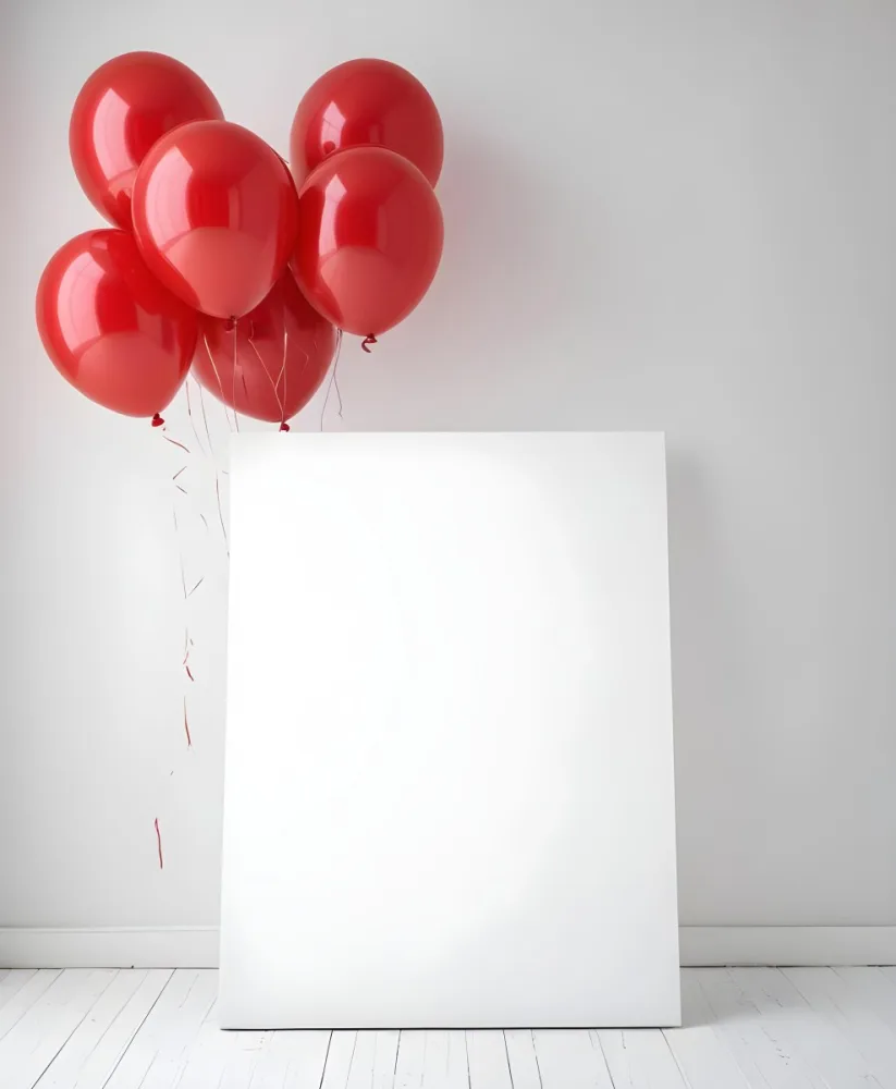 A White Blank Canvas With Red Balloons Floating Above It Against A Plain White Wall Background 4 1906