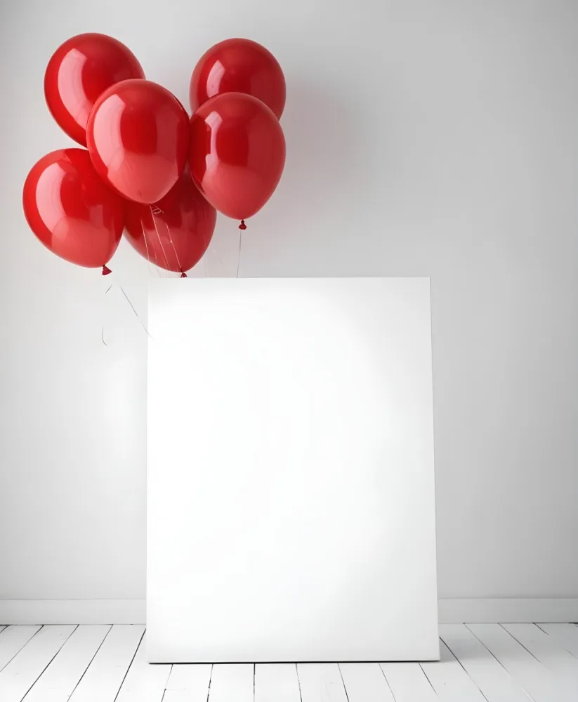 A White Blank Canvas With Red Balloons Floating Above It Against A Plain White Wall Background 5 61bf