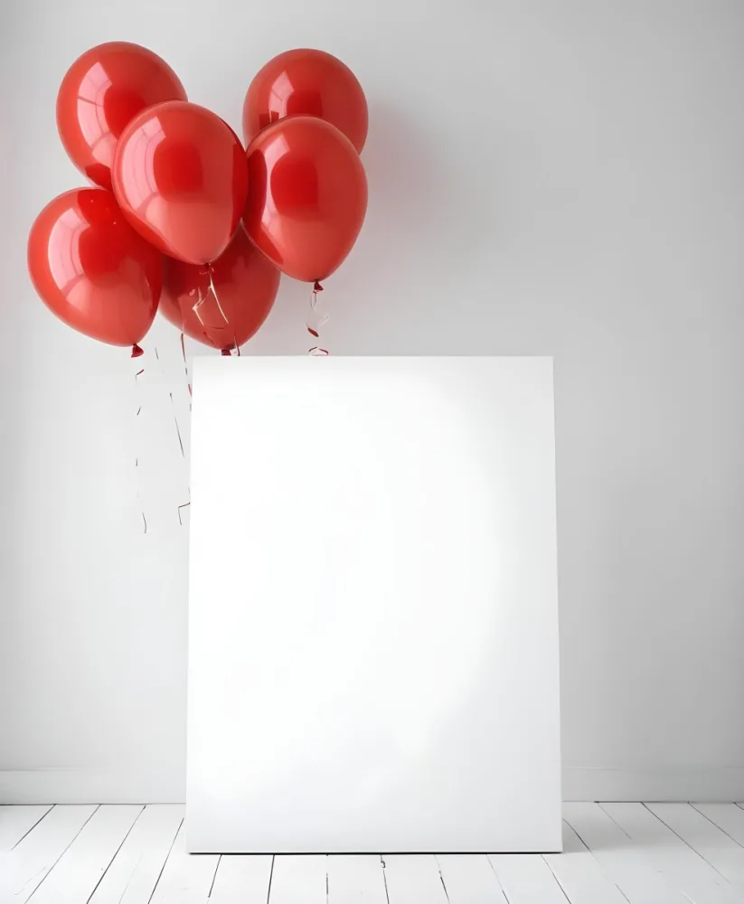A White Blank Canvas With Red Balloons Floating Above It Against A Plain White Wall Background 6 C464