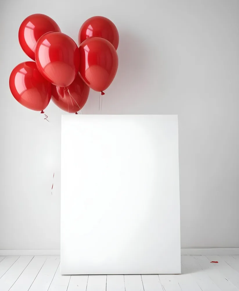 A White Blank Canvas With Red Balloons Floating Above It Against A Plain White Wall Background 7 6e8d