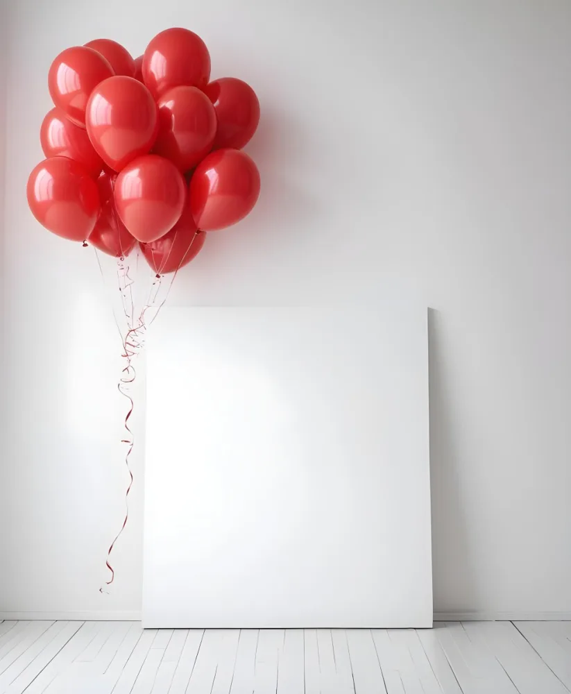 A White Blank Canvas With Red Balloons Floating Above It Against A Plain White Wall Background 8 1263