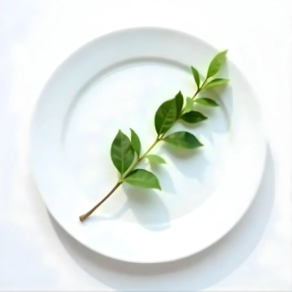 A White Plate With A Green Branch On Top Of It In A White Background 23 Cea5
