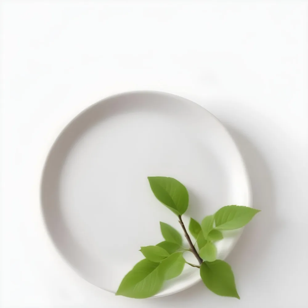 A White Plate With A Green Branch On Top Of It In A White Background 62 41cf