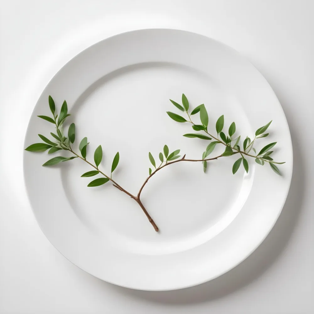 A White Plate With A Green Branch On Top Of It In A White Background 63 77a7