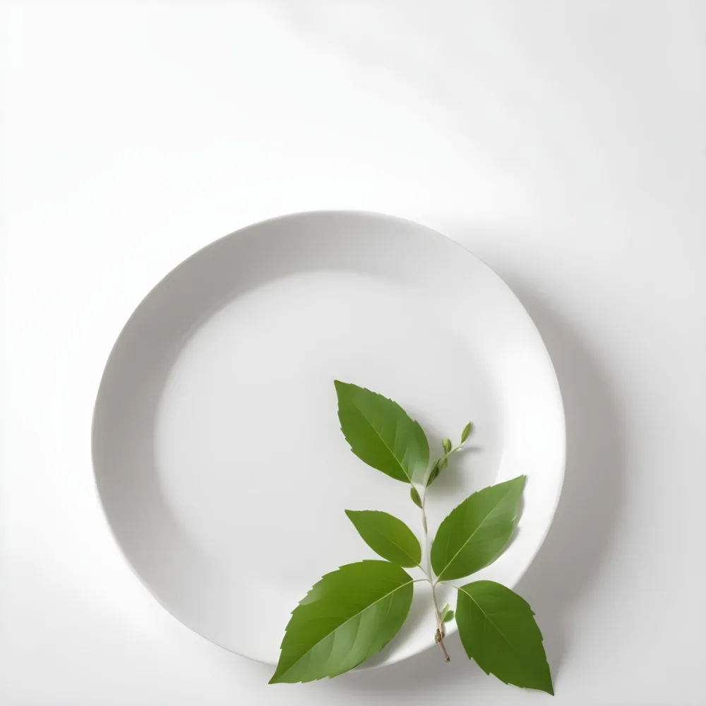 A White Plate With A Green Branch On Top Of It In A White Background 65 3ec4