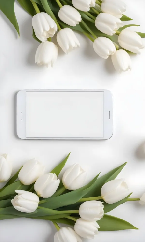 A White Smartphone With A Blank Screen Is Centered Among White Tulips And Green Leaves Creating A Floral Frame Around The Device The Background Is Light And Neutral Enhancing The Focus On The Phone And 3 095e