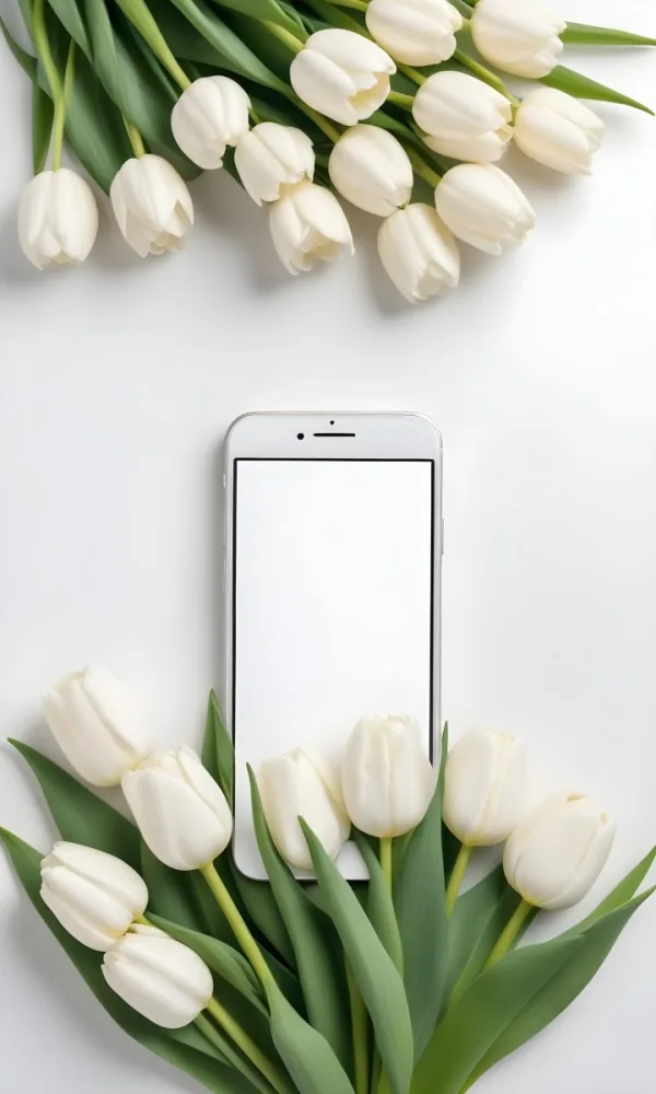 A White Smartphone With A Blank Screen Is Centered Among White Tulips And Green Leaves Creating A Floral Frame Around The Device The Background Is Light And Neutral Enhancing The Focus On The Phone And 5 1fbb