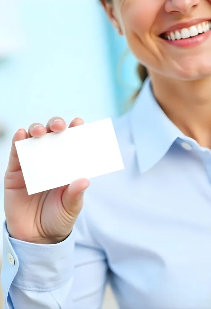 A White Woman Age 35 With A Blue Shirt Holding A Blank Business Card With A Bright Background 1 728e