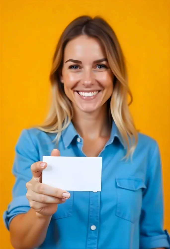 A White Woman Age 35 With A Blue Shirt Holding A Blank Business Card With A Bright Background 19 D500