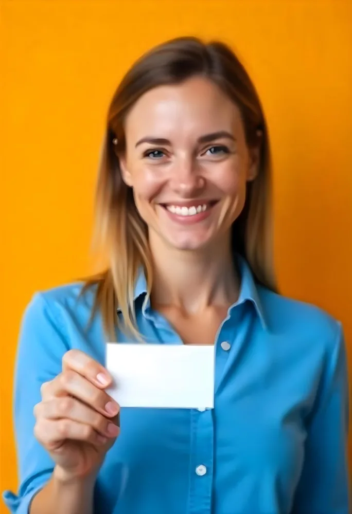 A White Woman Age 35 With A Blue Shirt Holding A Blank Business Card With A Bright Background 21 Cbb2