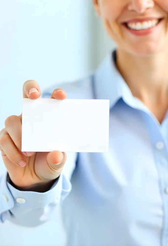 A White Woman Age 35 With A Blue Shirt Holding A Blank Business Card With A Bright Background 26 B15f