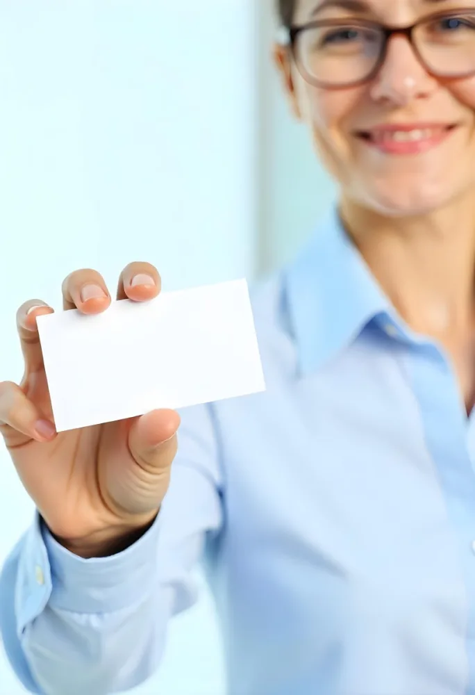 A White Woman Age 35 With A Blue Shirt Holding A Blank Business Card With A Bright Background 27 3014