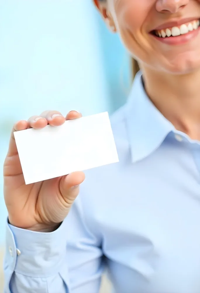 A White Woman Age 35 With A Blue Shirt Holding A Blank Business Card With A Bright Background 28 68d8