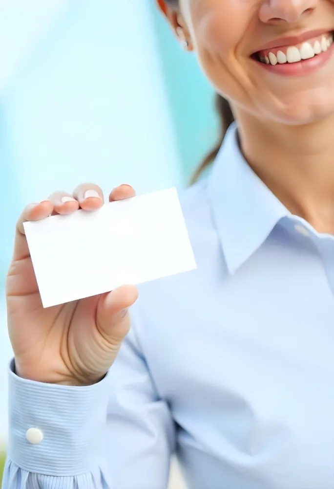 A White Woman Age 35 With A Blue Shirt Holding A Blank Business Card With A Bright Background 30 6e5a