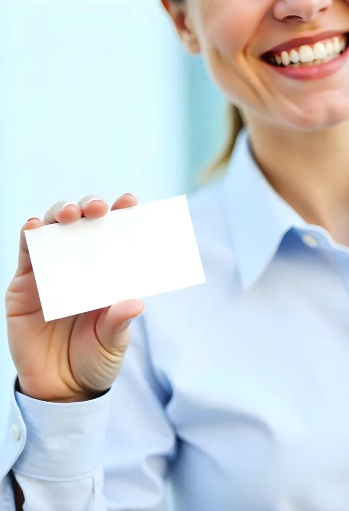 A White Woman Age 35 With A Blue Shirt Holding A Blank Business Card With A Bright Background 6 Ad36