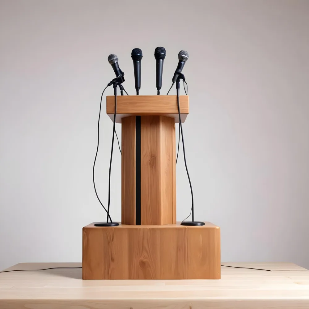 A Wooden Podium With Multiple Microphones With Different Colors In A White Background 12 Ef1e