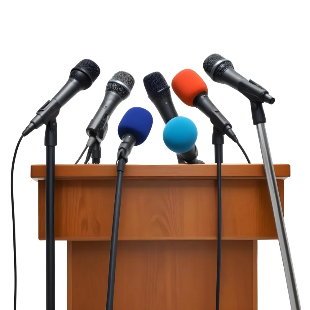 A Wooden Podium With Multiple Microphones With Different Colors In A White Background 17 A87b