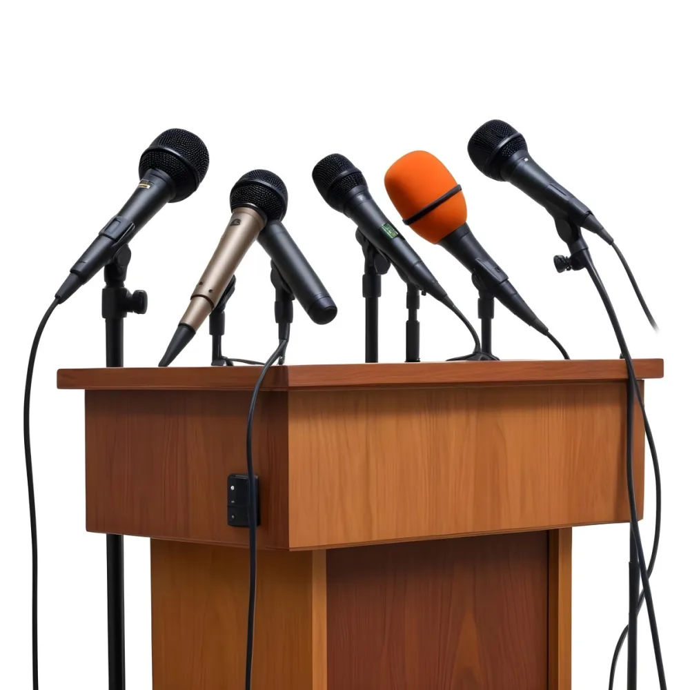 A Wooden Podium With Multiple Microphones With Different Colors In A White Background 18 D3ea